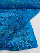 Triangle Pattern Sequins - Turquoise - 4 Way Stretch Fabric Sequins Geometric Design  By Yard