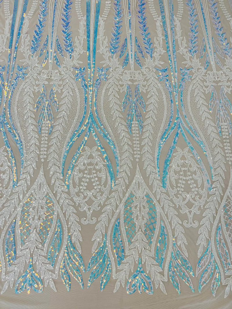 Two Tone Mermaid Fabric - White/Blue Iridescent - 4 Way Stretch Sequins Fabric on Mesh By Yard