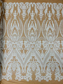 Damask Sequins - White on Dark Nude - Damask Sequin Design on 4 Way Stretch Fabric By Yard