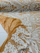 Damask Sequins - White on Dark Nude - Damask Sequin Design on 4 Way Stretch Fabric By Yard