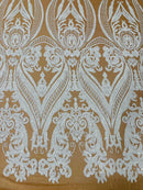 Damask Sequins - White on Dark Nude - Damask Sequin Design on 4 Way Stretch Fabric By Yard