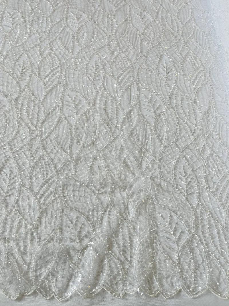 Fancy Leaf Pattern with Beads - White - Embroidered Leaves Design on Mesh Sold By The Yard