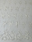 Plant Cluster Sequins Design - White - Flower Sequins Embroidered Design on Tulle Sold By Yard