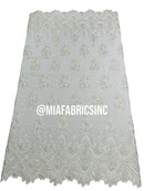 Floral Cluster Beaded Fabric - White - Embroidered Fancy Fashion Design Beads and Sequins Sold by yard