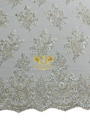 Beaded Flower Sequins Fabric - White - Embroidery With Beads and Sequin on a Mesh Sold By Yard