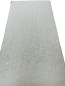 Flower Lines Fashion Design Fabric - White - Embroidered Floral Beads and Sequins Sold By Yard