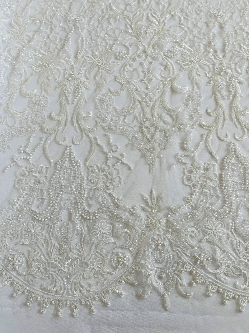 Damask Beaded Pattern Fabric - White - Embroidered Beaded Bridal Applique Fabric Sold By The Yard