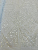 Zig Zag Lines Diamond Shape Fabric - White - Embroidered Glamorous Design on Mesh Sold By The Yard