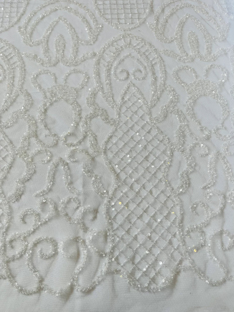 Fashion Design Bead Damask Fabric - White - Embroidered Elegant Design on Mesh Sold By The Yard