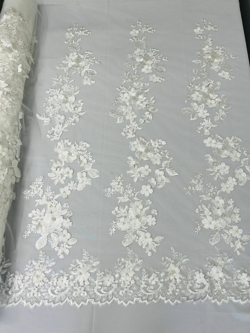3D Rose Plant Fabric - White - Embroidered Flower Design Rose Fabric Sold by Yard