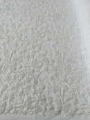 Beaded Design Floral Pattern - White - Embroidered Beads in Floral Pattern on Mesh Sold By The Yard