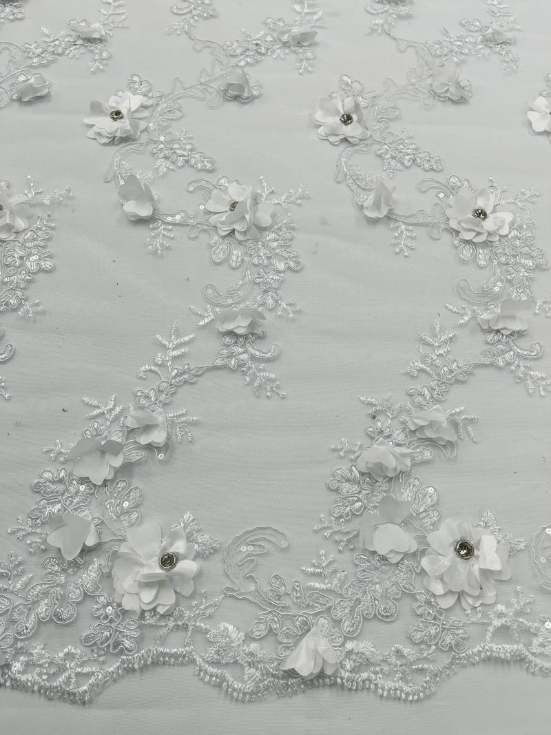 3D Flower Sequin Cluster Design - White - Sequins Embroidered Floral Design on Tulle Sold By Yard