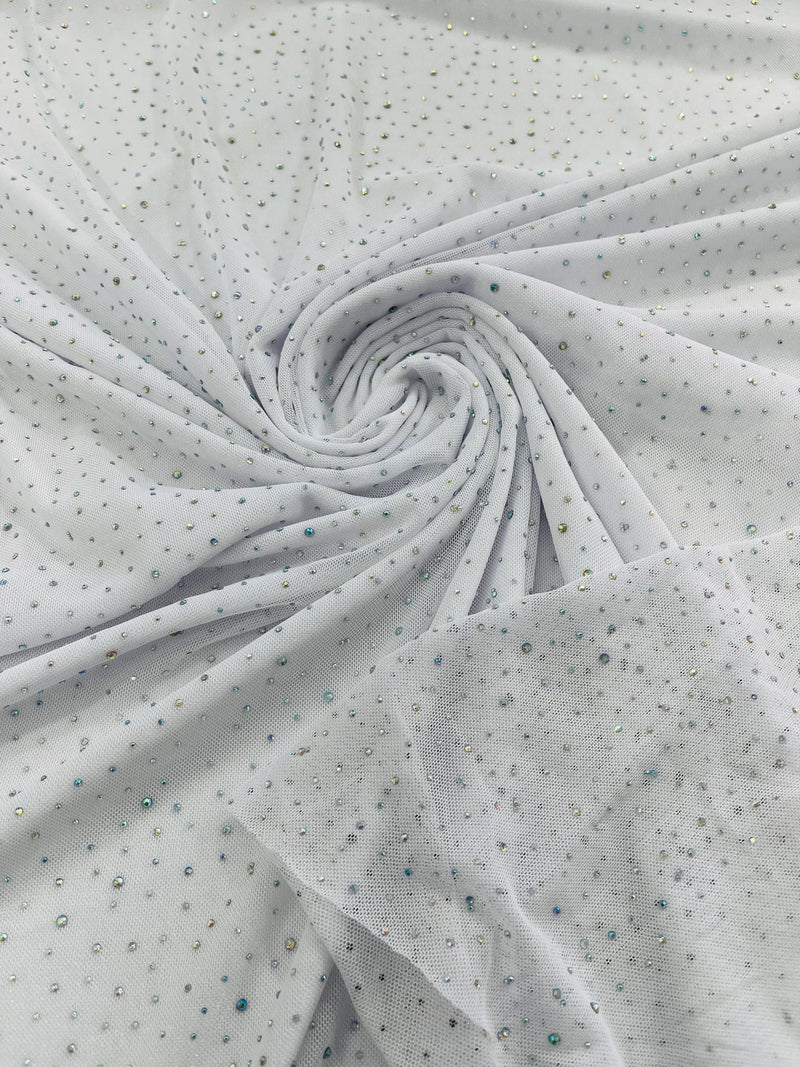 Power Mesh Polyester Rhinestones Fabric - White - 4 Way Stretch Mesh Fabric Sold by Yard