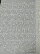 Metallic Flower Design - White - Corded Floral Pattern Sequins Fabric Sold By Yard