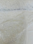 Beaded Design Floral Pattern - White - Embroidered Beads in Floral Pattern on Mesh Sold By The Yard