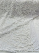 Heart Shape Sequins Fabric - White - 4 Way Stretch Sequins Damask Fabric By Yard