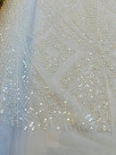 Zig Zag Lines Diamond Shape Fabric - White - Embroidered Glamorous Design on Mesh Sold By The Yard