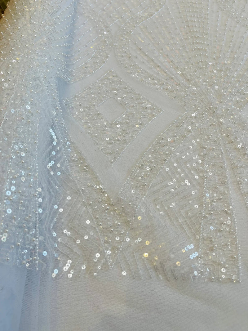 Zig Zag Lines Diamond Shape Fabric - White - Embroidered Glamorous Design on Mesh Sold By The Yard