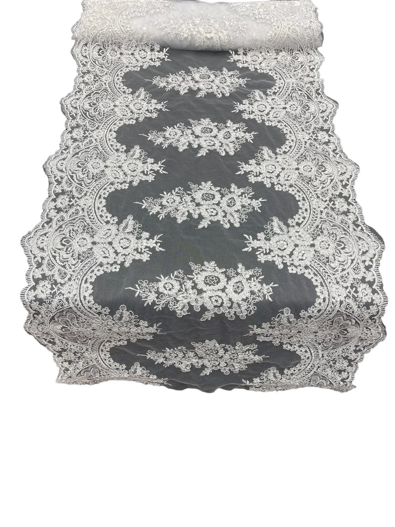 21" Wide Floral Metallic Pattern Lace Table Runner - White - Metallic Table Runner Sold By Yard