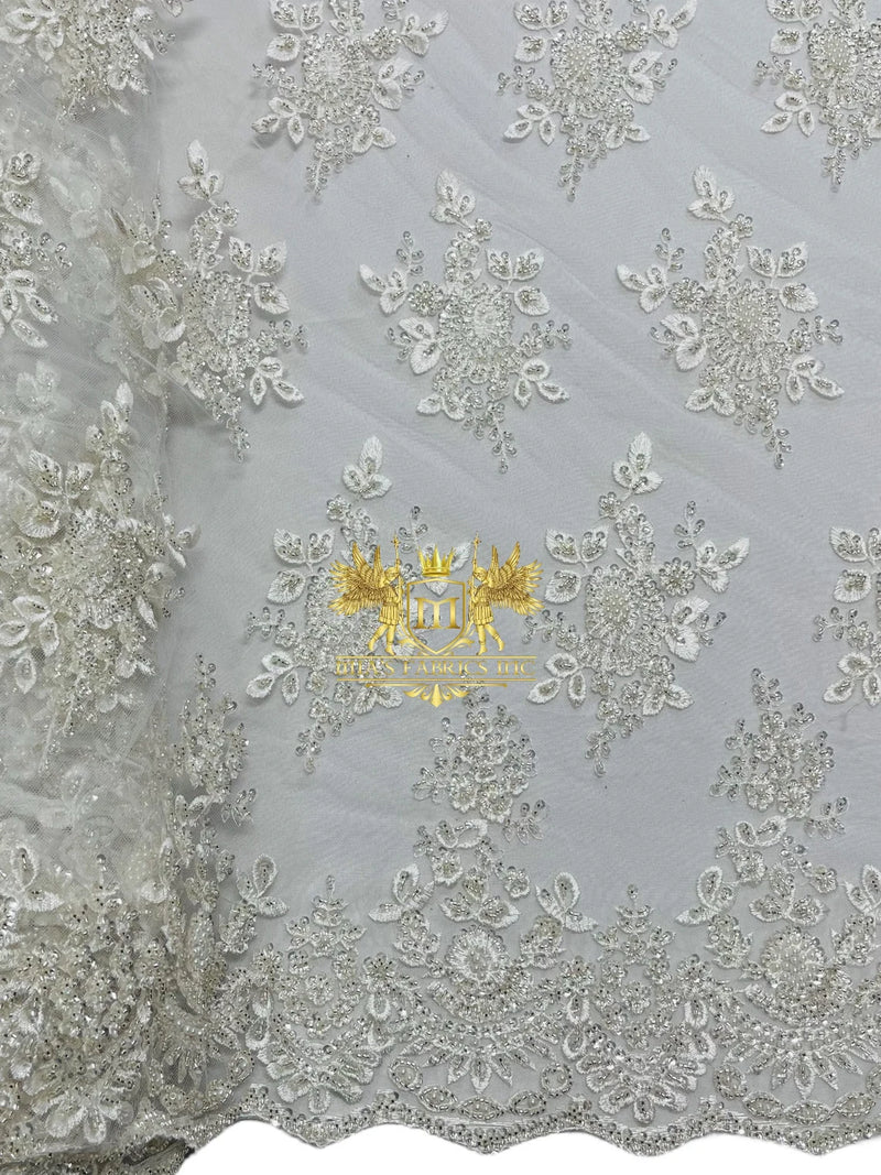 Beaded Flower Sequins Fabric - White - Embroidery With Beads and Sequin on a Mesh Sold By Yard