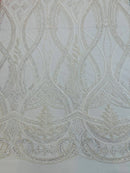 Fancy Beaded Design Fabric - White - Wavy Pattern and Embroidered Beads Fabric Sold By Yard