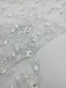 3D Flower Sequin Cluster Design - White - Sequins Embroidered Floral Design on Tulle Sold By Yard