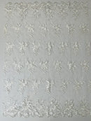 Plant Cluster Sequins Design - White - Flower Sequins Embroidered Design on Tulle Sold By Yard