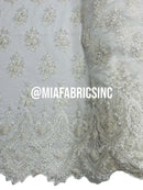 Floral Cluster Beaded Fabric - White - Embroidered Fancy Fashion Design Beads and Sequins Sold by yard