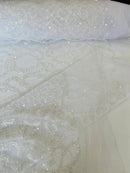Fashion Design Bead Damask Fabric - White - Embroidered Elegant Design on Mesh Sold By The Yard