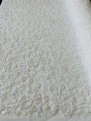 Beaded Design Floral Pattern - White - Embroidered Beads in Floral Pattern on Mesh Sold By The Yard