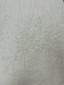 Flower Lines Fashion Design Fabric - White - Embroidered Floral Beads and Sequins Sold By Yard