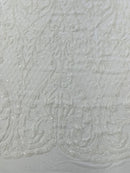 Heart Shape Sequins Fabric - White - 4 Way Stretch Sequins Damask Fabric By Yard