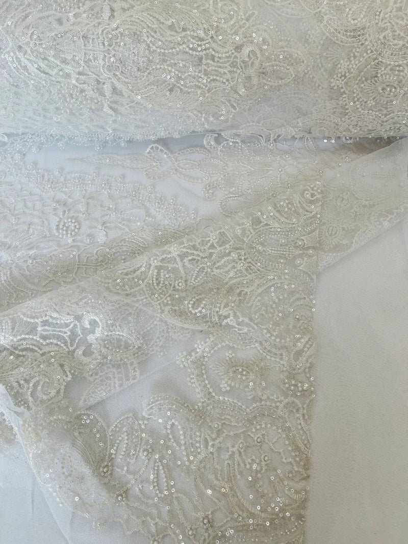 Damask Beaded Pattern Fabric - White - Embroidered Beaded Bridal Applique Fabric Sold By The Yard