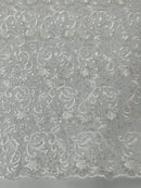 Metallic Flower Design - White - Corded Floral Pattern Sequins Fabric Sold By Yard