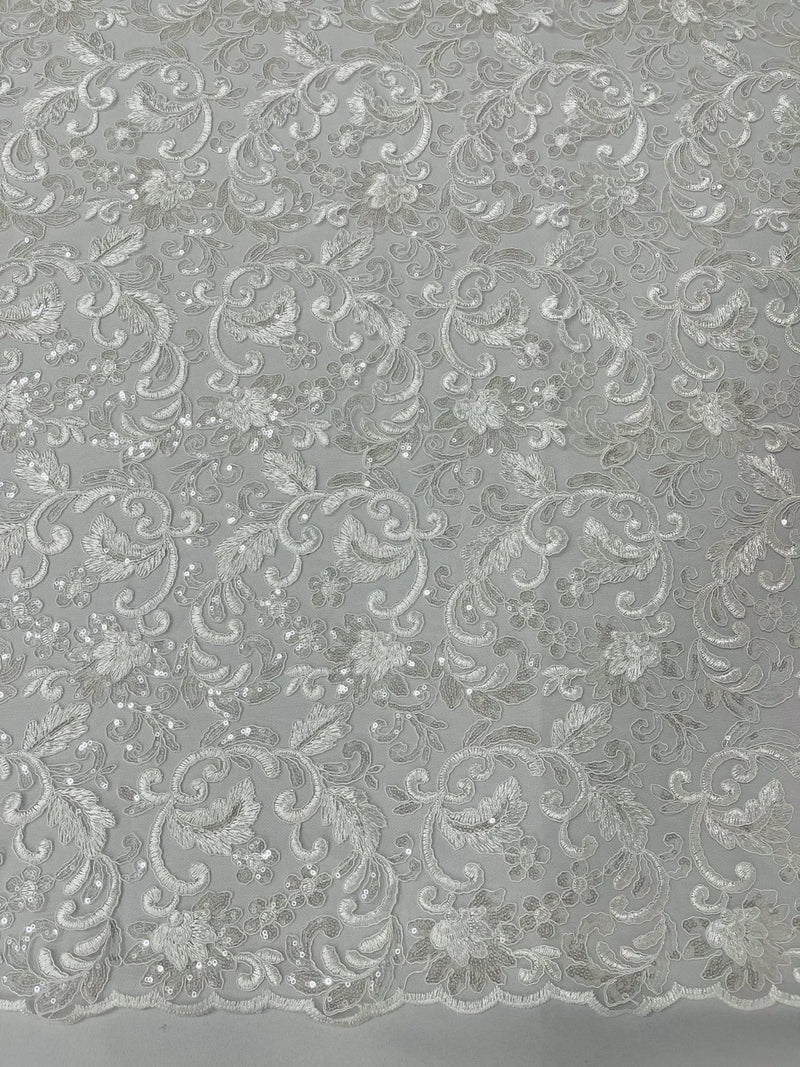 Metallic Flower Design - White - Corded Floral Pattern Sequins Fabric Sold By Yard