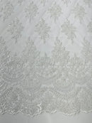 Flower Cluster Beaded Fabric - White - Embroidered Beaded Layered Border Fabric Sold By Yard