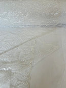 Fancy Leaf Pattern with Beads - White - Embroidered Leaves Design on Mesh Sold By The Yard