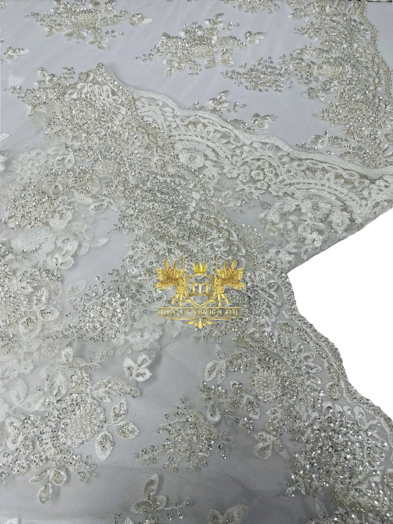 Beaded Flower Sequins Fabric - White - Embroidery With Beads and Sequin on a Mesh Sold By Yard