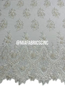 Floral Cluster Beaded Fabric - White - Embroidered Fancy Fashion Design Beads and Sequins Sold by yard