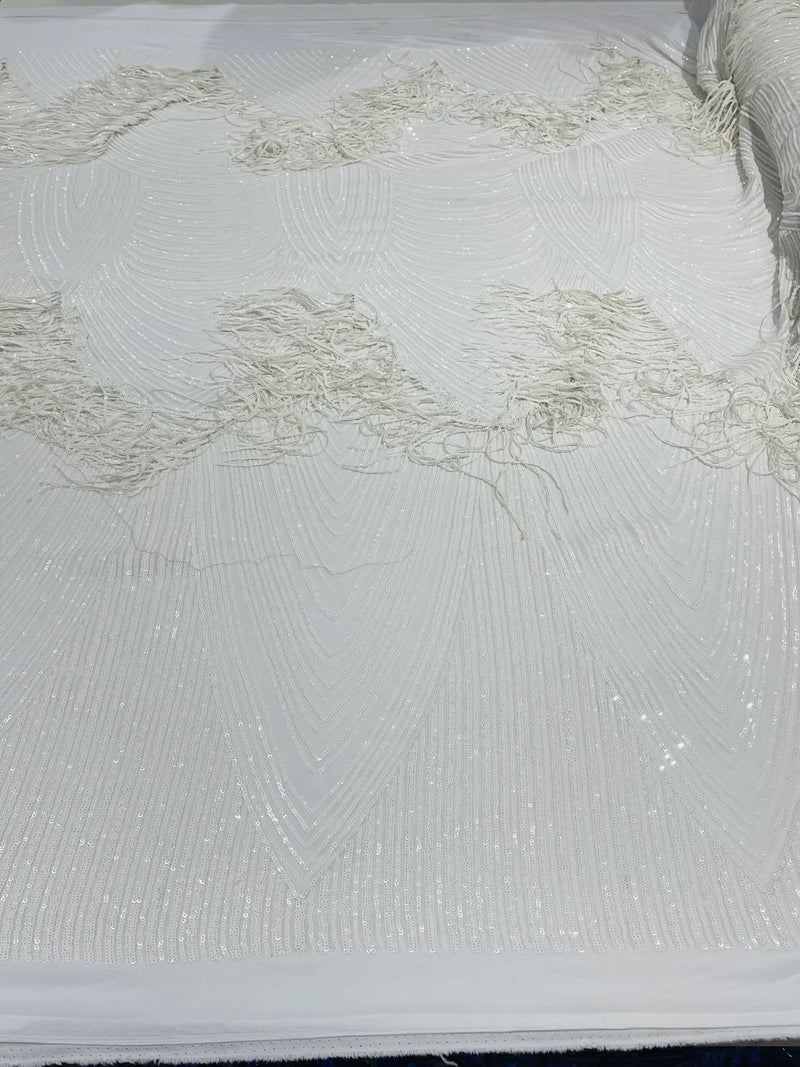 Fringe Sequins Design - White - Fringe Design Embroidered on a  4 Way Stretch Lace Mesh (Pick A Size)