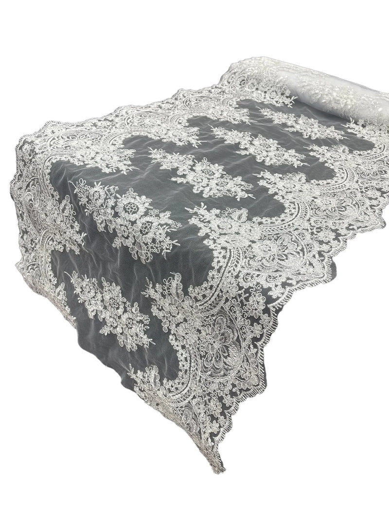 21" Wide Floral Metallic Pattern Lace Table Runner - White - Metallic Table Runner Sold By Yard