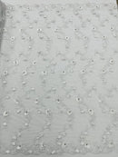 3D Flower Sequin Cluster Design - White - Sequins Embroidered Floral Design on Tulle Sold By Yard