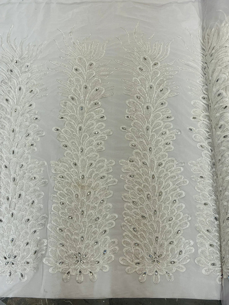 Vegas Peacock Feathers  3D Beaded Embroidery On a Mesh Lace Fabric Sequins Prom Dress (Choose The Panels)