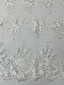 Plant Cluster Sequins Design - White - Flower Sequins Embroidered Design on Tulle Sold By Yard