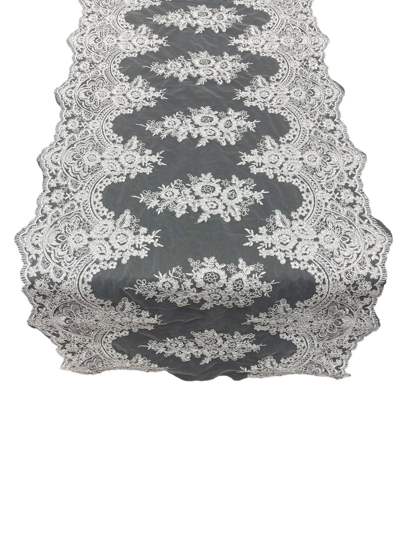 21" Wide Floral Metallic Pattern Lace Table Runner - White - Metallic Table Runner Sold By Yard