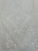 Zig Zag Lines Diamond Shape Fabric - White - Embroidered Glamorous Design on Mesh Sold By The Yard
