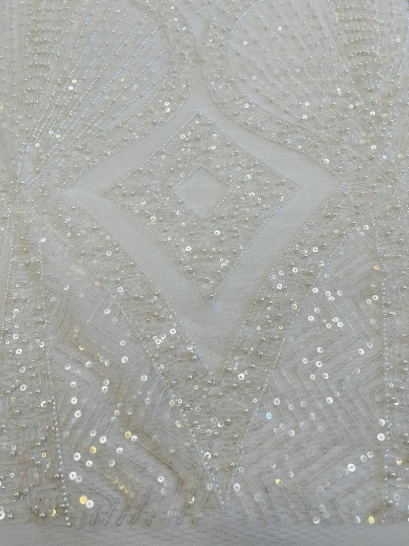 Zig Zag Lines Diamond Shape Fabric - White - Embroidered Glamorous Design on Mesh Sold By The Yard