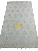 Beaded Flower Sequins Fabric - White - Embroidery With Beads and Sequin on a Mesh Sold By Yard