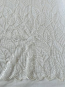 Fancy Leaf Pattern with Beads - White - Embroidered Leaves Design on Mesh Sold By The Yard