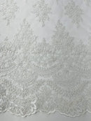 Flower Cluster Beaded Fabric - White - Embroidered Beaded Layered Border Fabric Sold By Yard